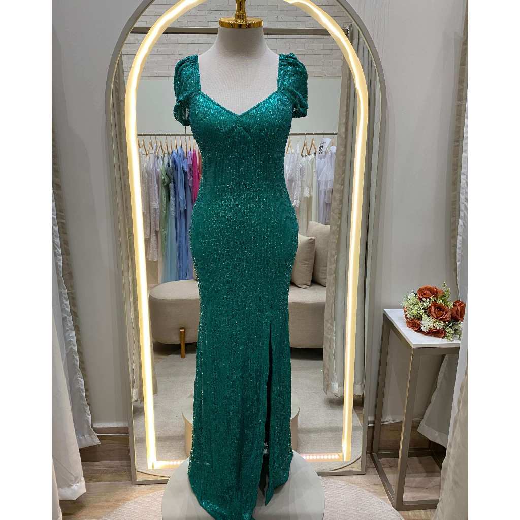 IMPERFEITO - {Michele} Vestido Longo Sereia Brilho Paetês com Manga e Fenda (Verde)