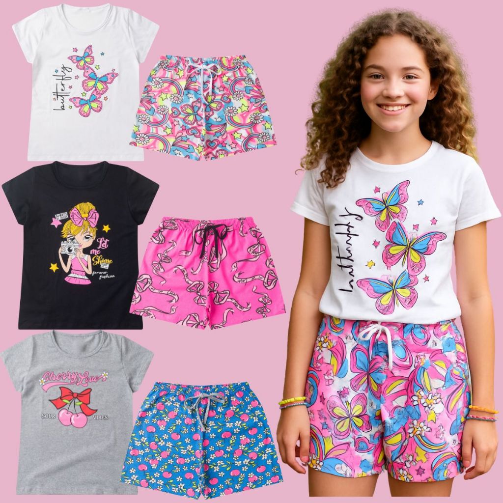 Kit 4 Peças Infantil Juvenil Menina Conjunto Roupa Sortido  Blusa Shorts Verão Algodão Blogueirinha em Oferta na Shopee
