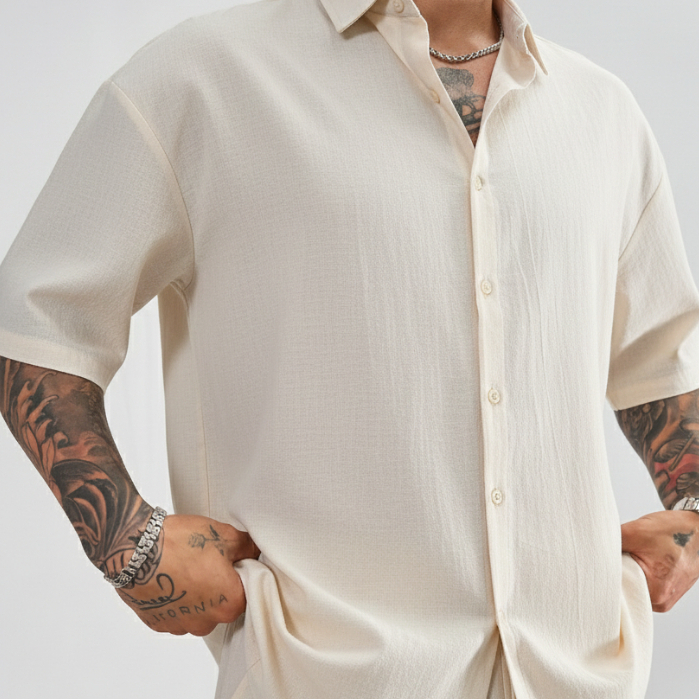 Camisa de Botão Visco linho Manga Curta Moda Praiana Despojada Masculino com Gola