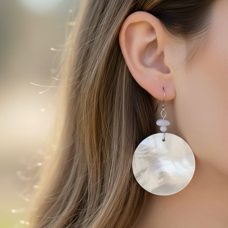 Brinco de Madrepérola Natural – Artesanal, Boho & Aço Cirúrgico (Par) em Oferta na Shopee