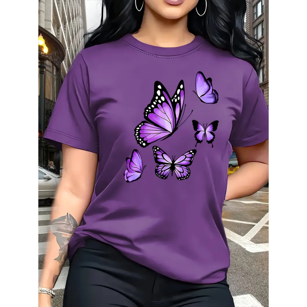 Camiseta Feminina Casual Algodão100% Estilosa e Casual Borboletas Varias Cores em Oferta na Shopee