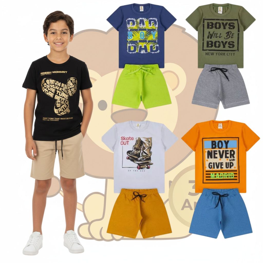 Conjunto Infantil Masculino Menino Verão Camiseta Manga Curta + Bermuda Moletinho Algodão