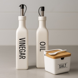 Kit Galheteiro Vinagreiro Saleiro Azeiteiro Oleo Branco Vidro Dosador Inox e Tampa de Bambu Sal Vinagre Azeite Porcelana em Oferta na Shopee