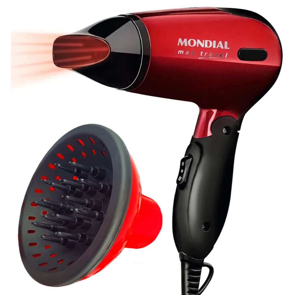 Secador De Cabelo Mondial Mini Dobrável Viagem Hotel Academia 1200w Com Difusor Cachos