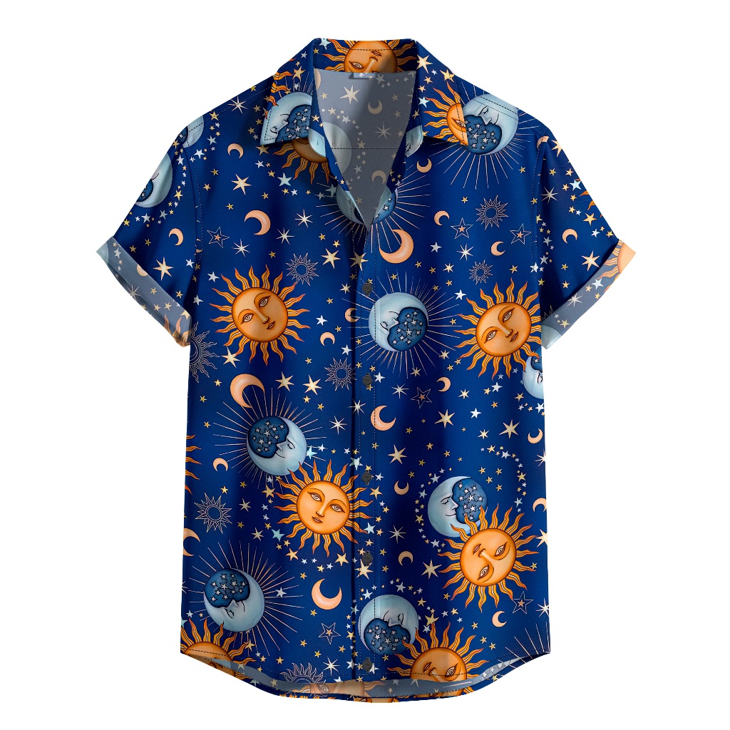 Camisa De Botão Camisa Estampada Verão Moda Masculina Sol E Lua [Ref-471]