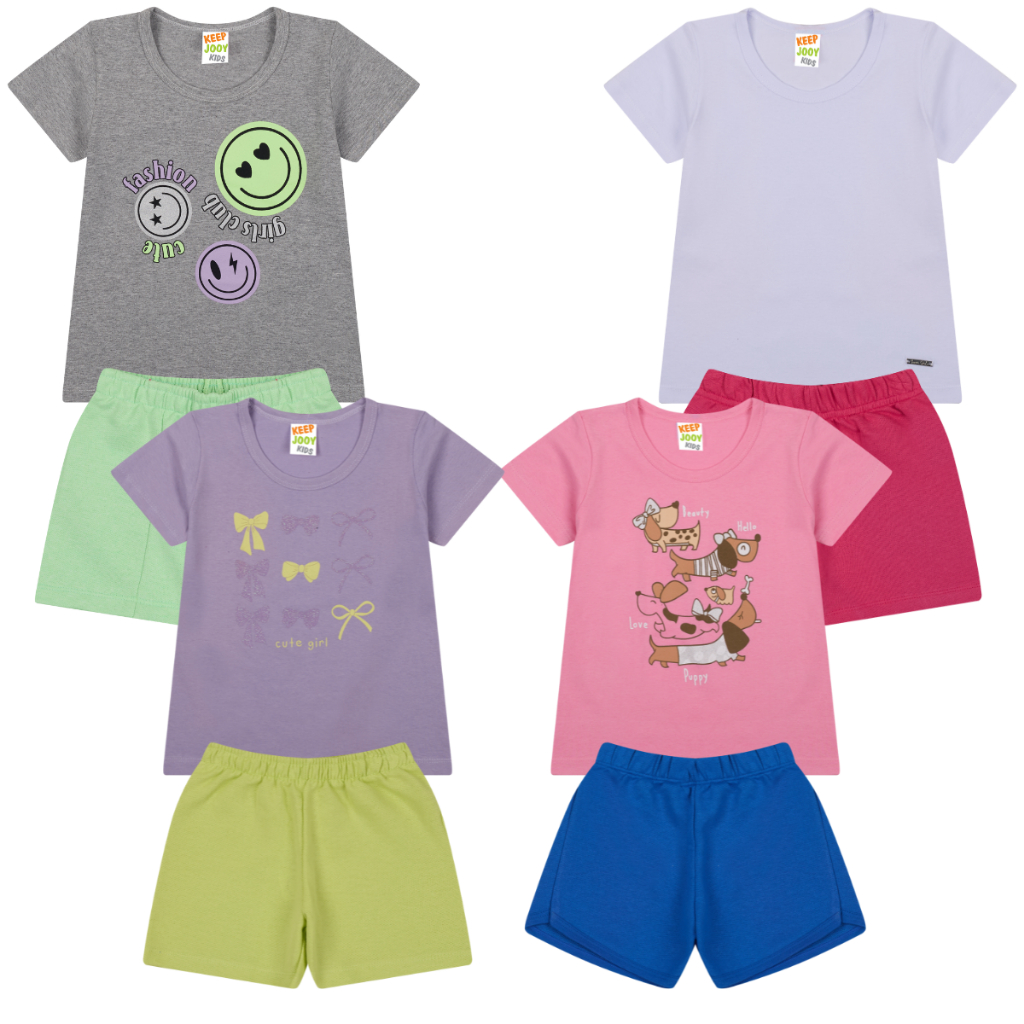 Kit 02 Conjuntos  Infantil Menina Juvenil Casual 04 Peças Algodão Premium Estampas Sortidas SUPER PROMOÇÃO