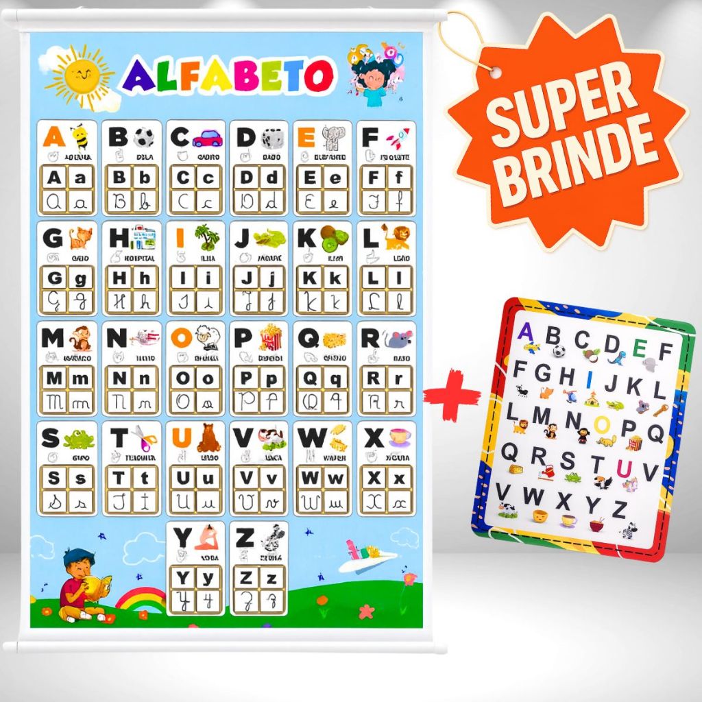 Banner Educativo Alfabeto Letras Didático Desenhos e Libras 60x90cm + Super Brin