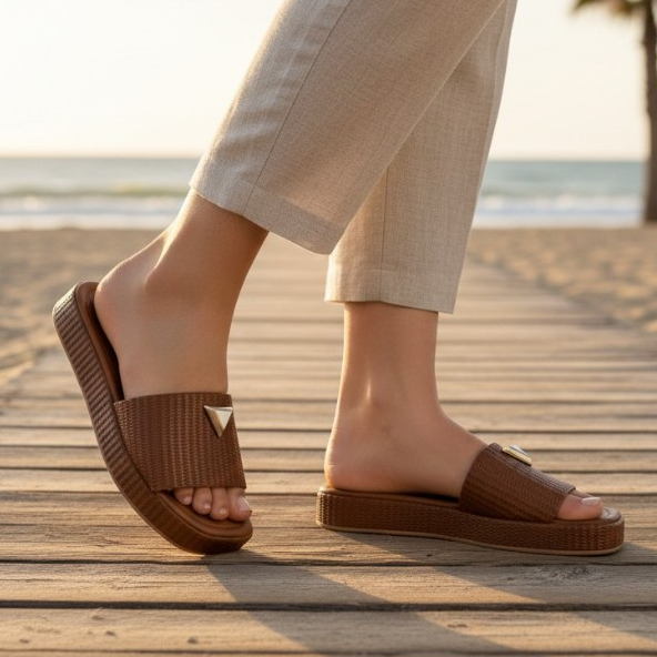 Tamanco Feminino Detalhe Triangulo Flatform Antiderrapante Moderna Sandália Anabela Delicada Elegante Juta
