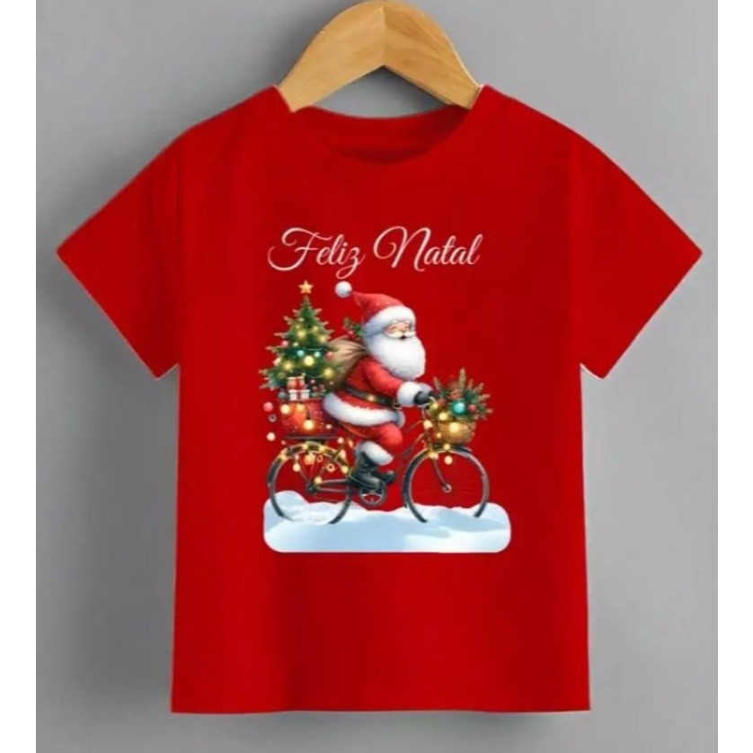 Camiseta Feminina Baby Look Estampa Papai Noel de Bicicleta Presente Final de Ano