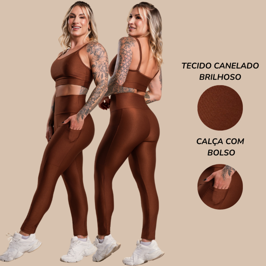 Conjunto Fitness Feminino Canelado Brilhoso Academia Top e Calça Legging Com Bolso Cintura Alta Com Brilho F7 NEW STYLE