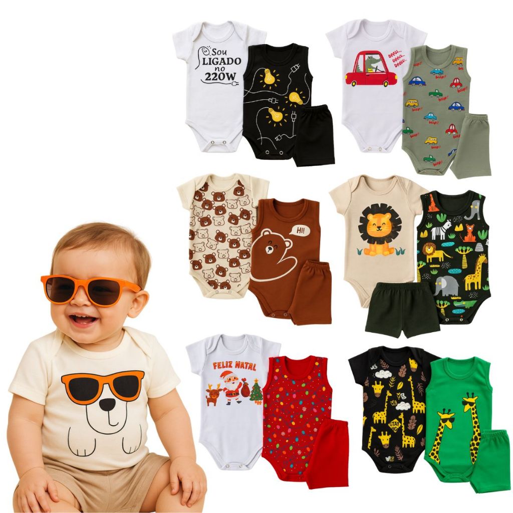 Body 3 peças Verão Menino Body Manga curta, Body regata e bermudinha Tamanho RN ao GG em Oferta na Shopee