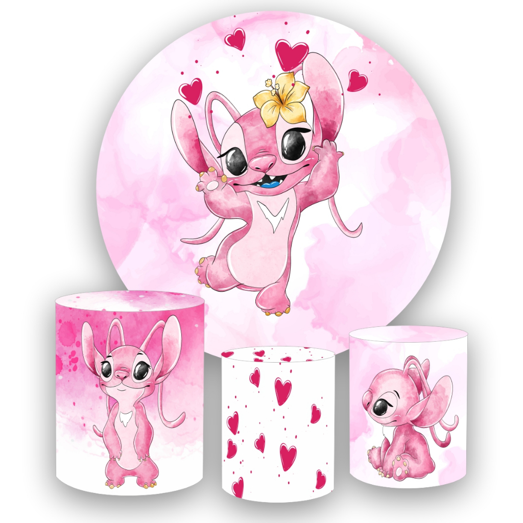 Kit Painel Redondo em tecido sublimado 1,5 + 3 Capas de Cilindros ANGEL LILO STITCH em Oferta na Shopee