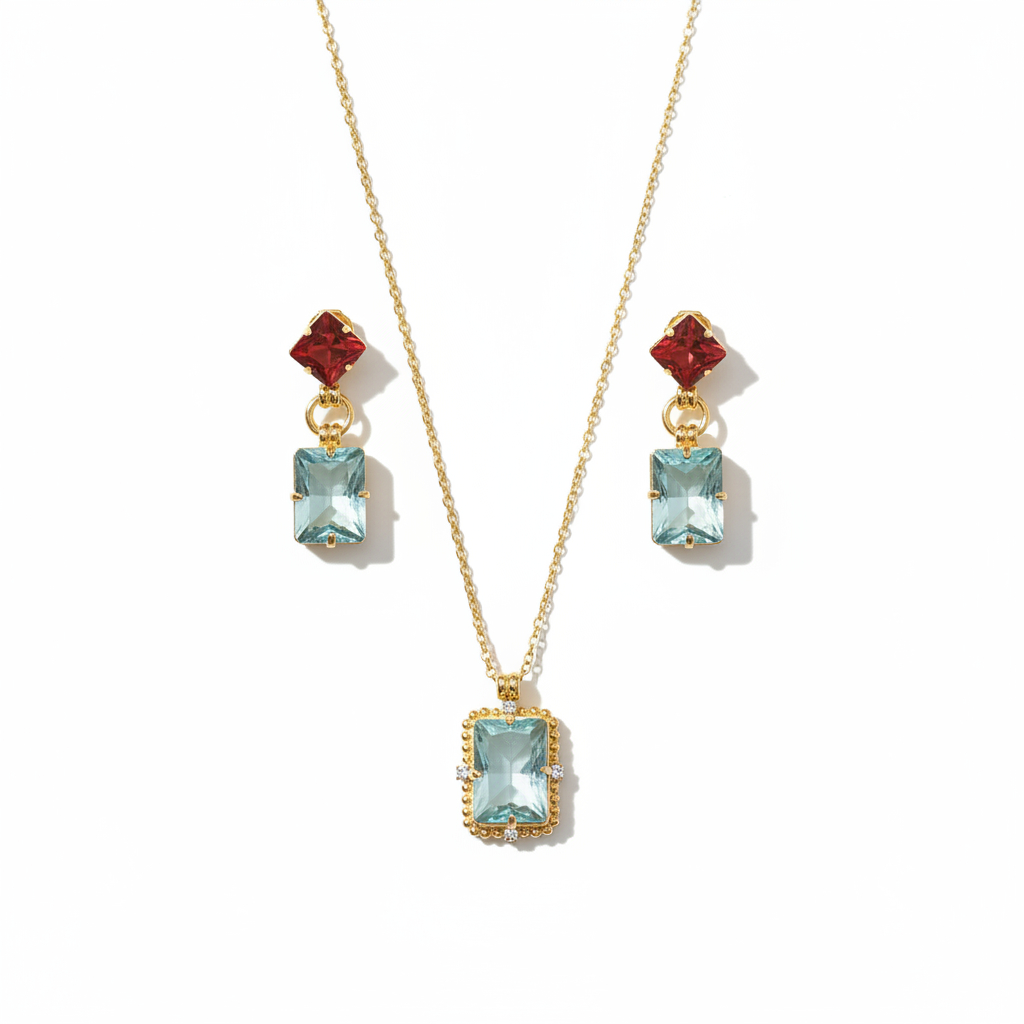 Conjunto Semijoia Luxo Colar e Brincos Geométricos Pedras Coloridas | Banhado a Ouro 18k | Zircônias Vermelha e Turmalin