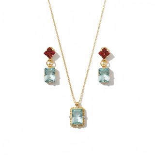 Conjunto Semijoia Luxo Colar e Brincos Geométricos Pedras Coloridas | Banhado a Ouro 18k | Zircônias Vermelha e Turmalin