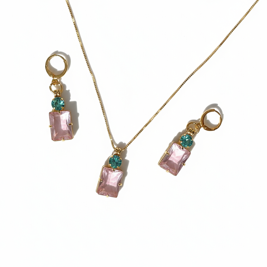 Conjunto Semijoia Luxo Colar e Brincos Geométricos Duas Cores Pedra Retangular Rosa Quartzo e Zircônia Verde Água