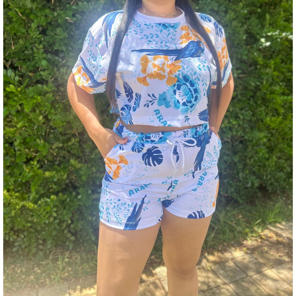 Conjunto Estampado Tendencia Far Verão Blusa Cropped Oversized + Short StreetWear
