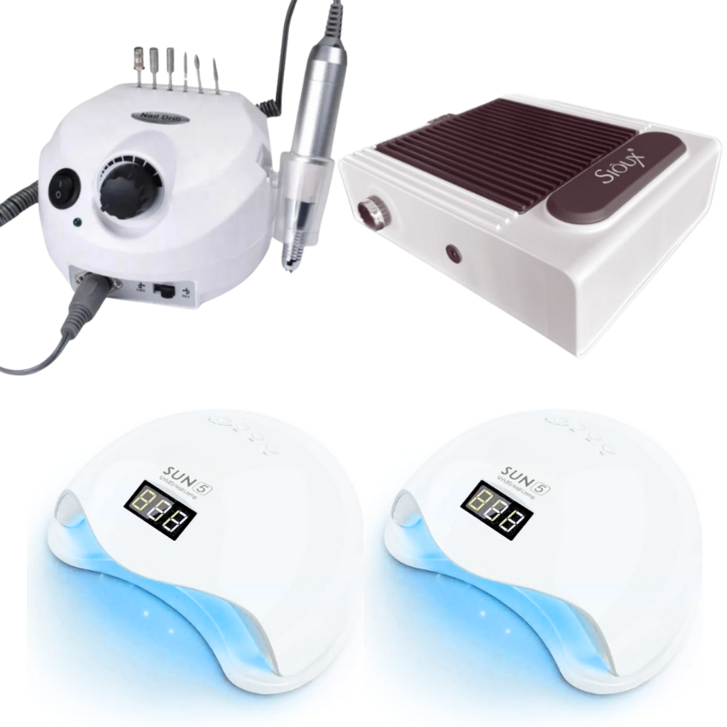 Kit 2x Cabine Sun 5 LED UV Digital 48w + Lixadeira Porquinho 50,000 RPM + Coletor Sugador de Pó de Unhas SIOUX 80W em Oferta na Shopee
