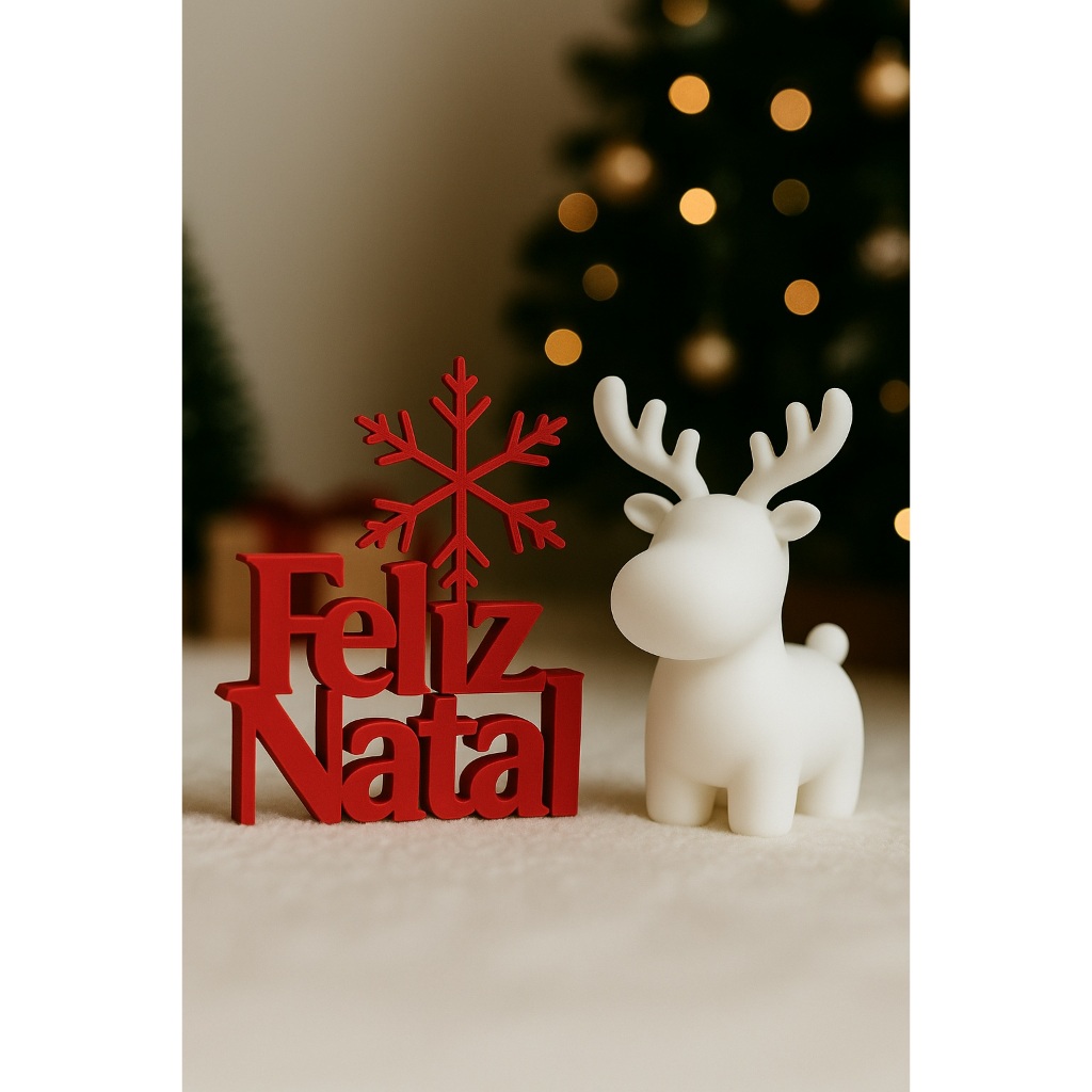 Combo Natal – Letreiro “Feliz Natal” com Floco + Rena Decorativa 3D • Kit Premium para Decoração