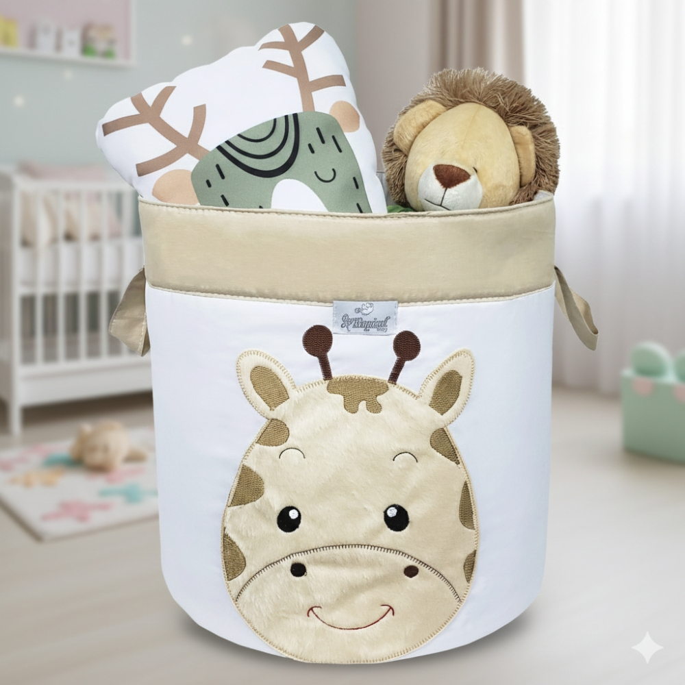 Cesto Organizador de Brinquedos e Roupas Redondo Tecido Microfibra Bordado Girafa Selva Safari