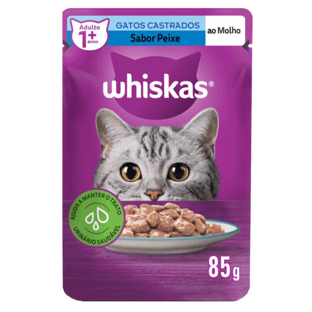 Ração Úmida Whiskas Sachê Peixe ao Molho para Gatos Adultos Castrados 85 g
