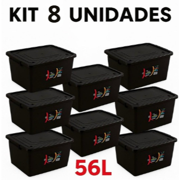 Kit 8  Caixas Organizadoras C/ Tampa e Trava 56 Litros Preta TOY em Oferta na Shopee