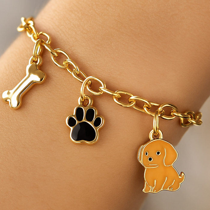 Pulseira Cãozinho Caramelo com Ping Ossinho e Patinha| Banho Ouro 18K e Prata 925
