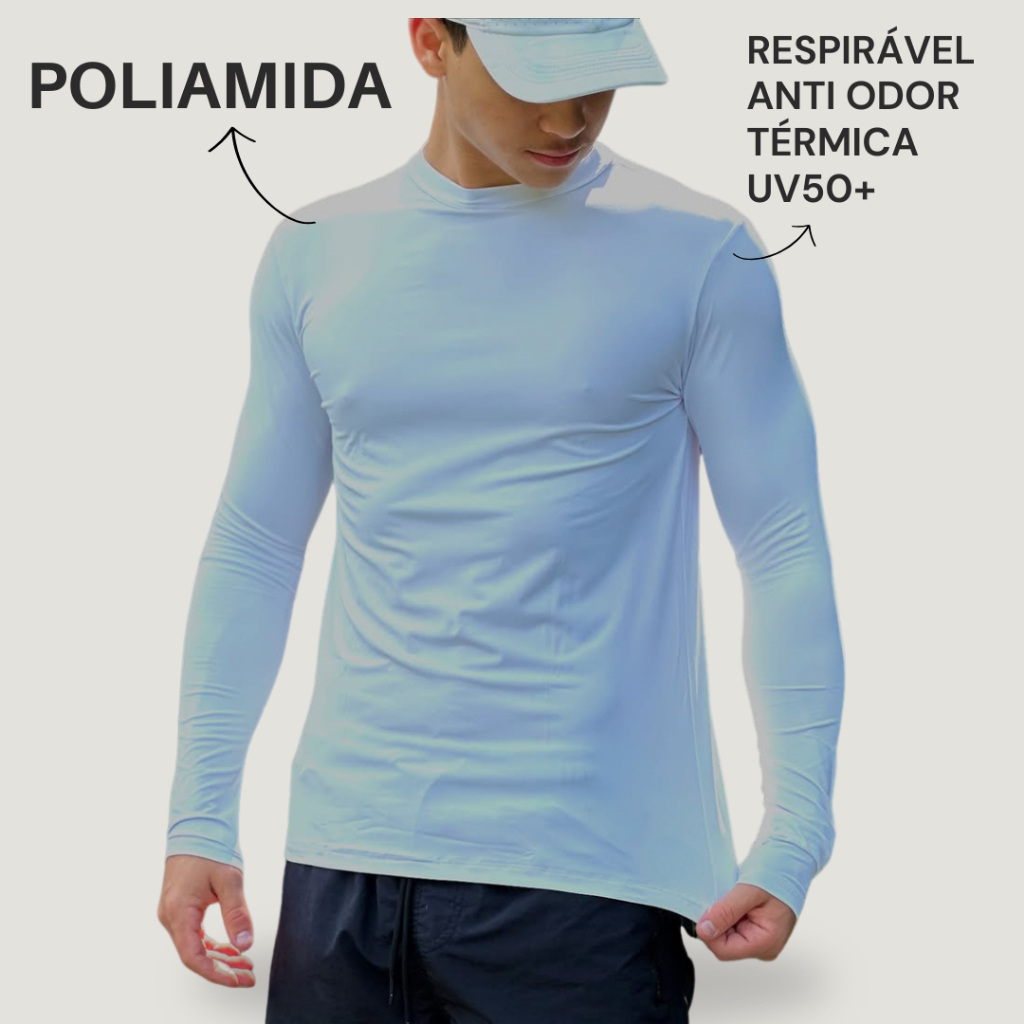 Camisa Poliamida Uv50+ Masculina Manga Longa Térmica Anti Odor Proteção Solar Segunda Pele Praia KJG