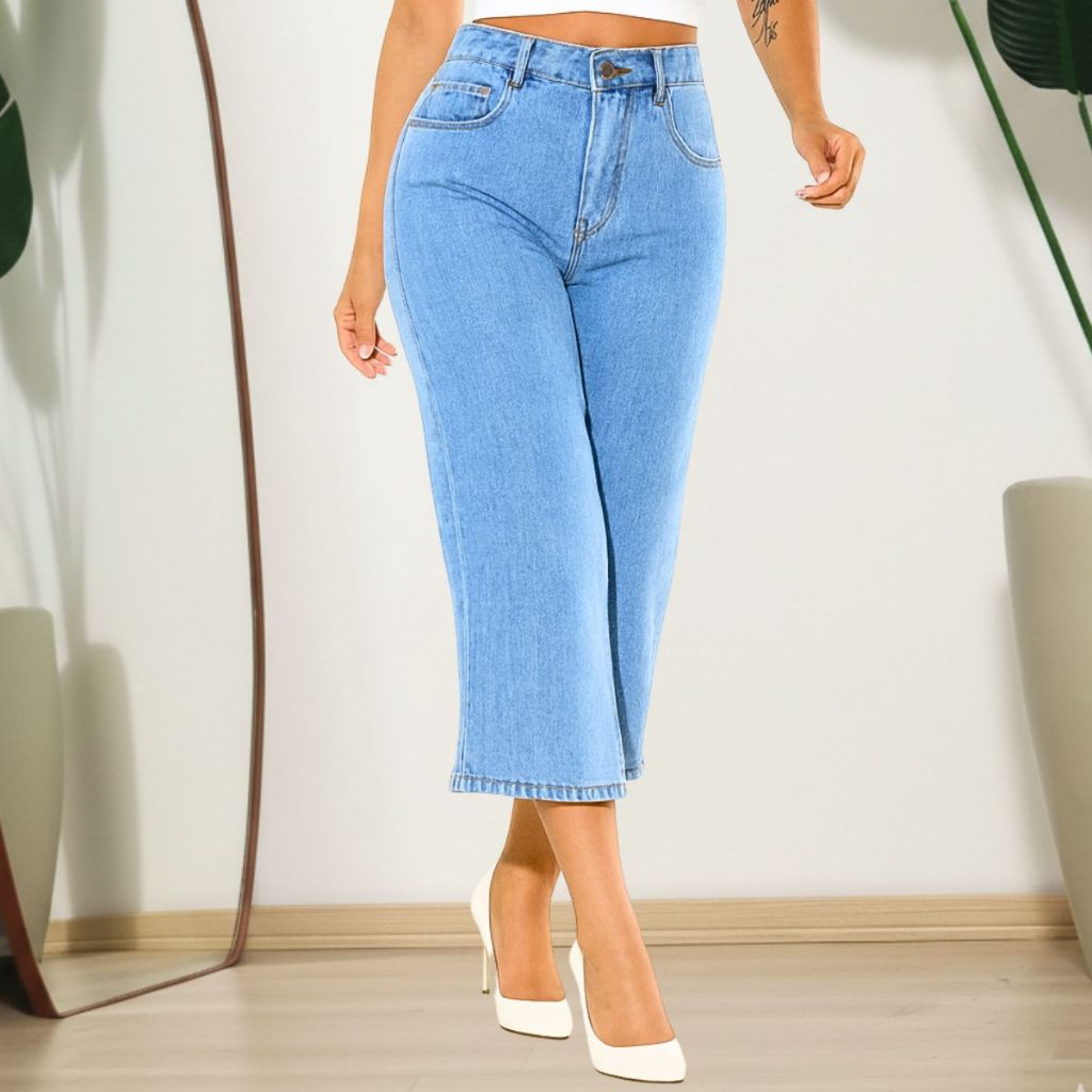 Calça Jeans Feminina Cintura Alta Pantacourt Boca Larga Azul Claro100% Algodão Tecido Premium em Oferta na Shopee