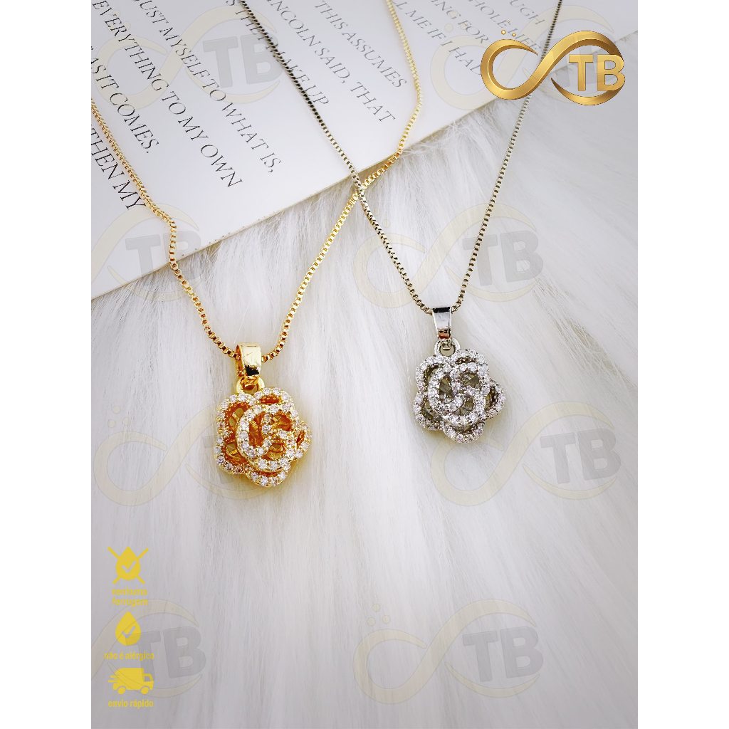 Tb Shop Moda Colar de camélia vazada, cravejado com strass - versões em ouro e prata