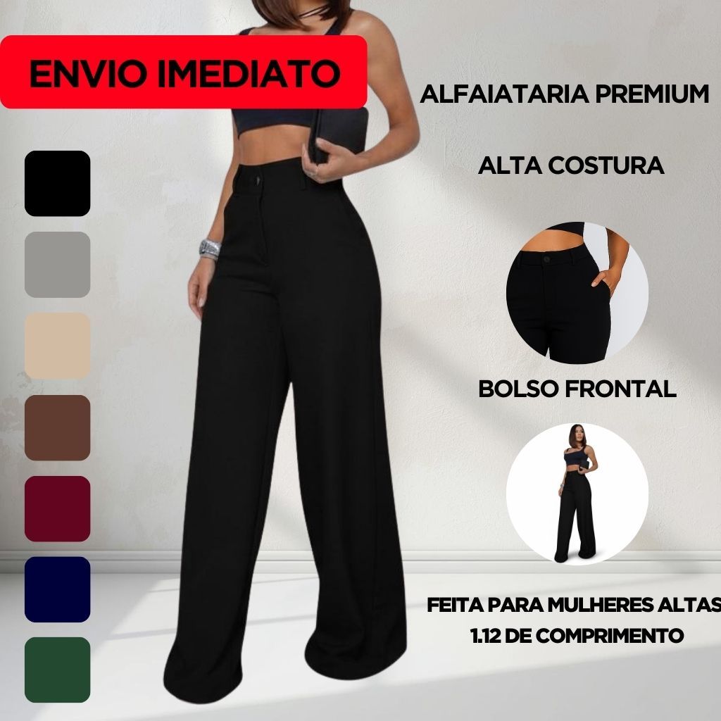 Calça Pantalona Wide Leg Alfaiataria Feminina Cintura Alta Elegante e Confortável Moda Social e Casual Tamanhos P ao GG
