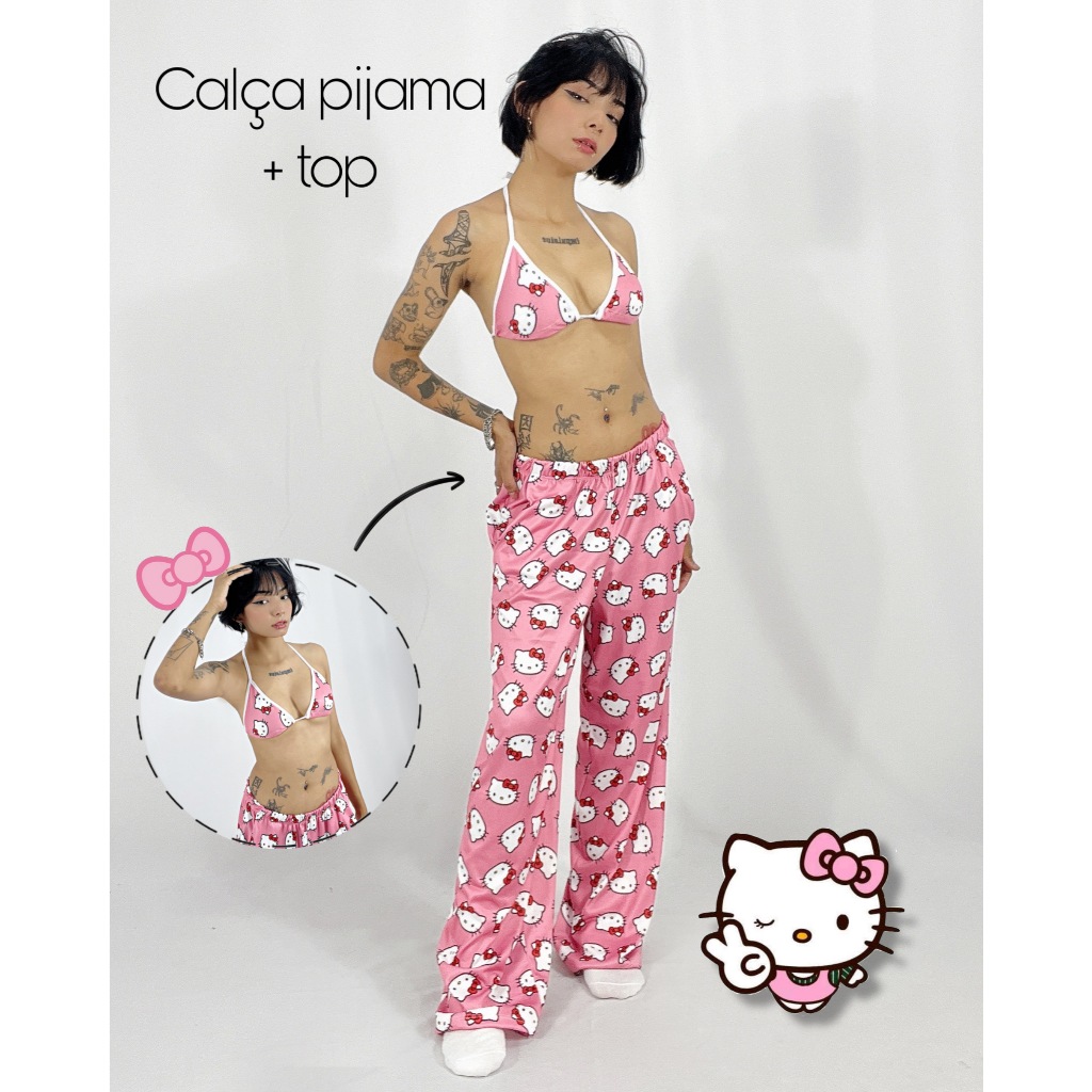 calça pijama com top temática da Hello Kitty, Kuromi, Hello Kitty e e Xadrez em Oferta na Shopee