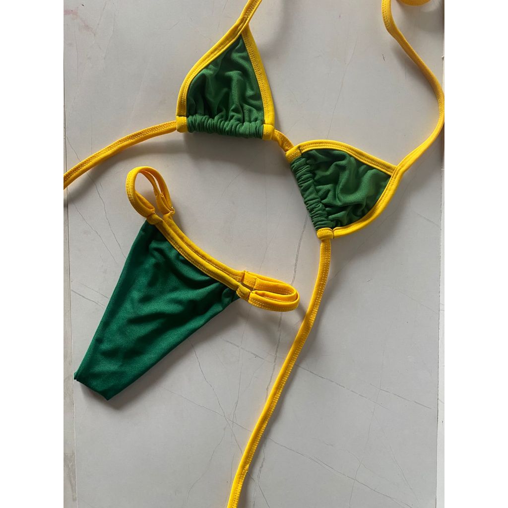 Biquini Brasil Copa Do Mundo Seleção Brasileira Verde e Amarelo Marquinha Fita Bronze Fio Dental Cortininha