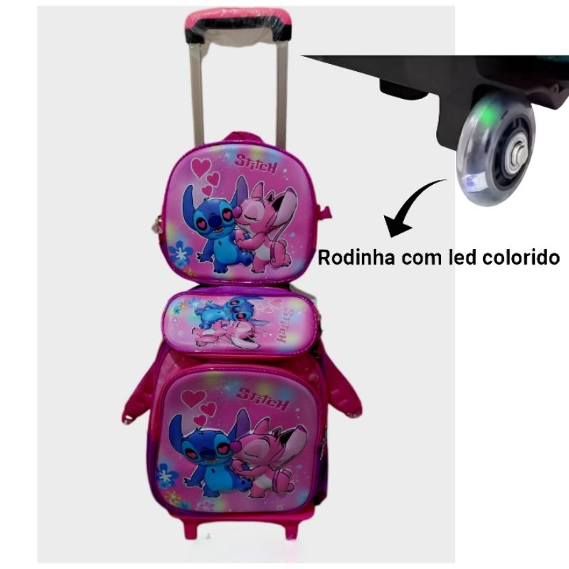 Kit mochila infantil Stitch e Angel alto relevo 3D com estojo, lancheira térmica e Rodinhas de led lançamento 2026