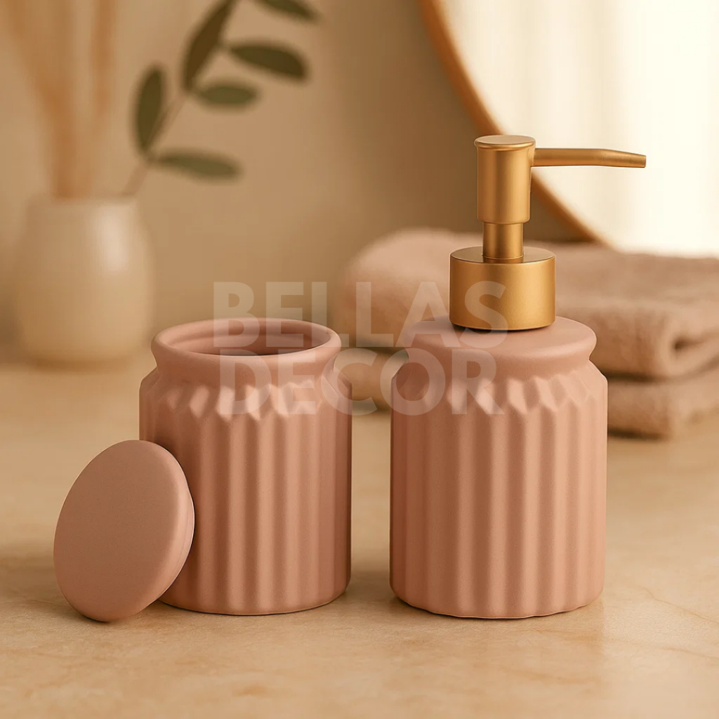 Conjunto de Banheiro LYOR 2 Peças em Cerâmica - Stripes Nud – Porta Sabonete, Porta Algodão em Oferta na Shopee