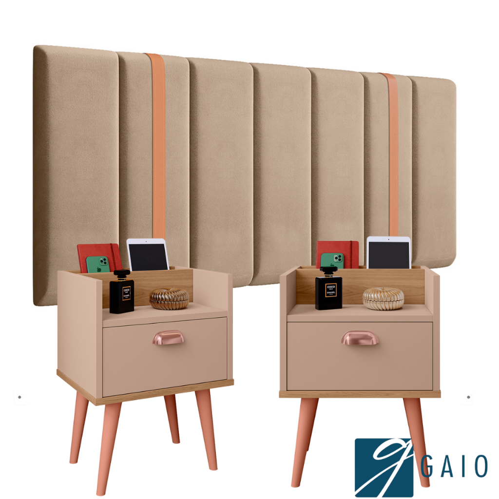 Conjunto P/ Quarto Cabeceira MODULAR  SONHO 0.90 à 1.95 Cama BOX C/ 2 Criado Mudo Milena Pés Retrô