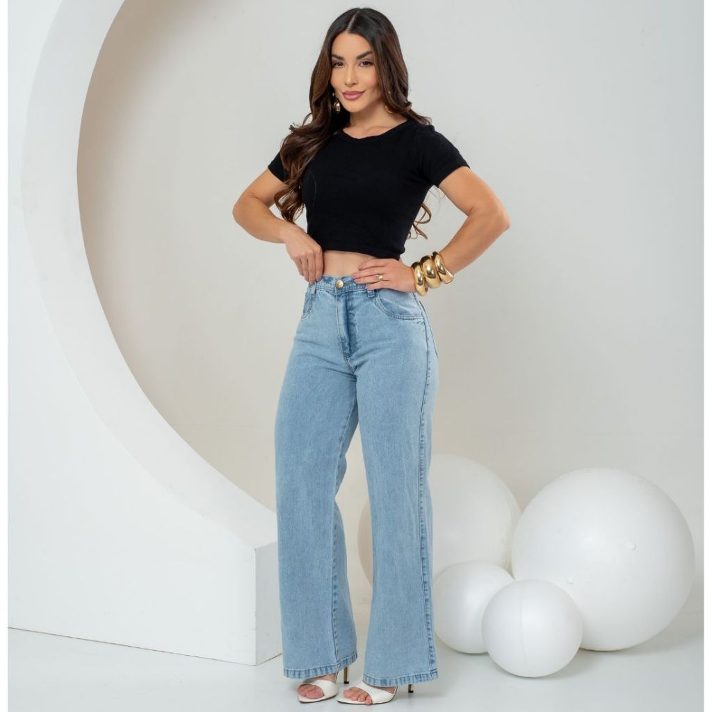 Calça Jeans Feminina Wide Leg Pantalona Cintura Alta em Oferta na Shopee