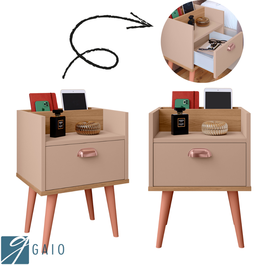 Conjunto 2 Mesas De Cabeceira Pés Retrô 1 Gaveta Porta Celular Milena