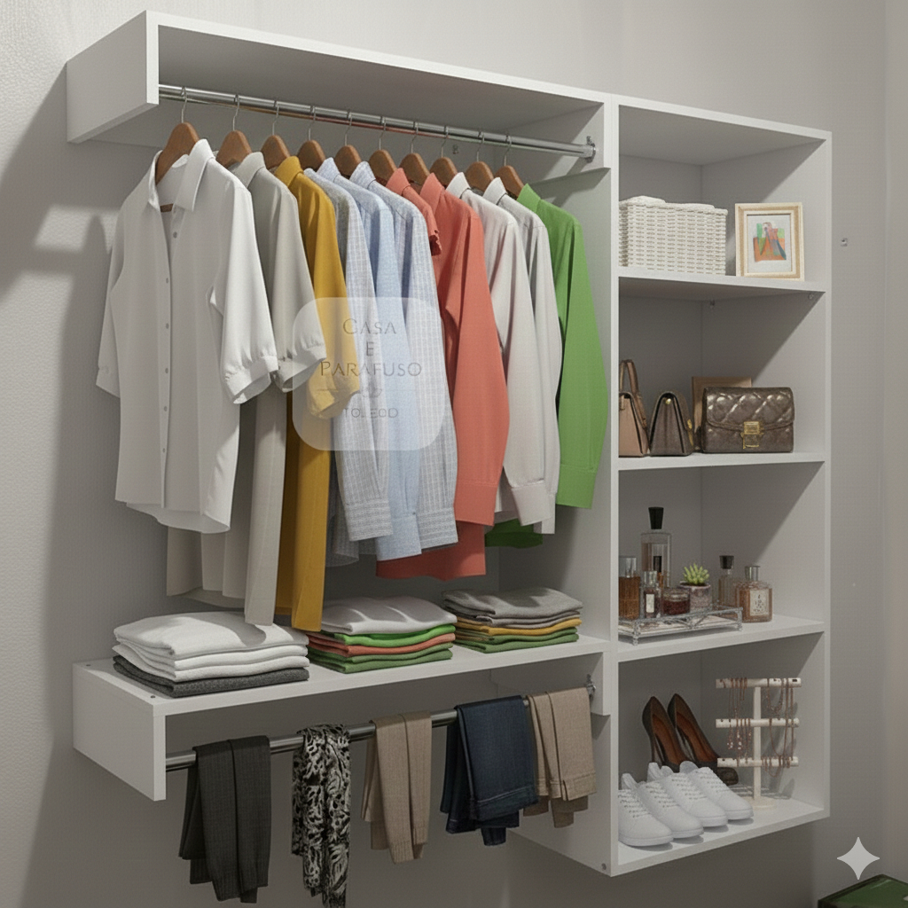 Arara Cabideiro Suspenso MDF Closet Aberto de Parede Moderno e Funcional 67