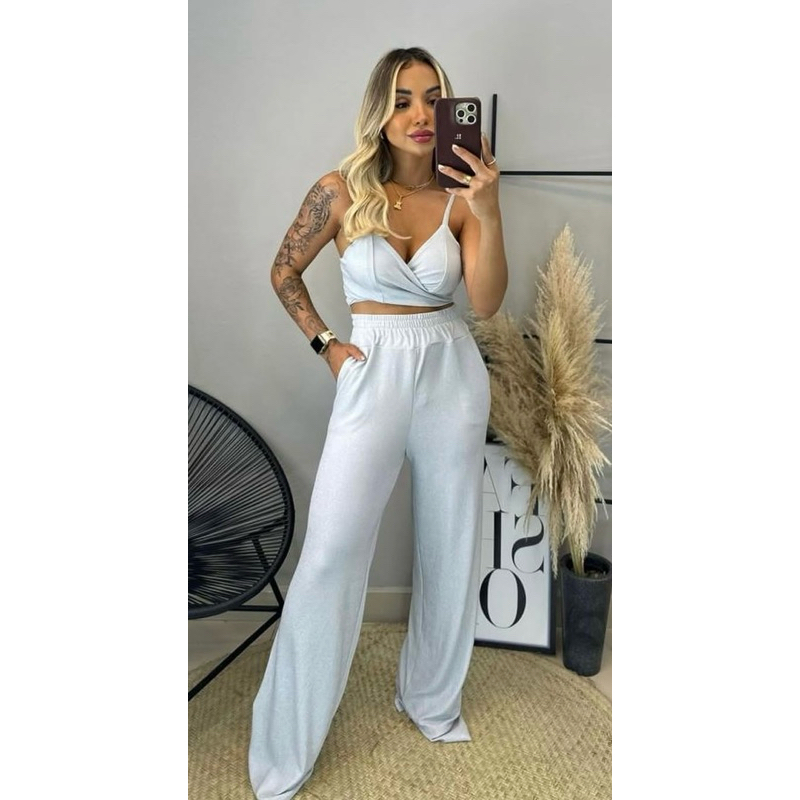 Conjunto Feminino Calça e Cropedd Brilho (Moda Balada)Lurex Brilho Luxo Calça Pantalona e Cropped