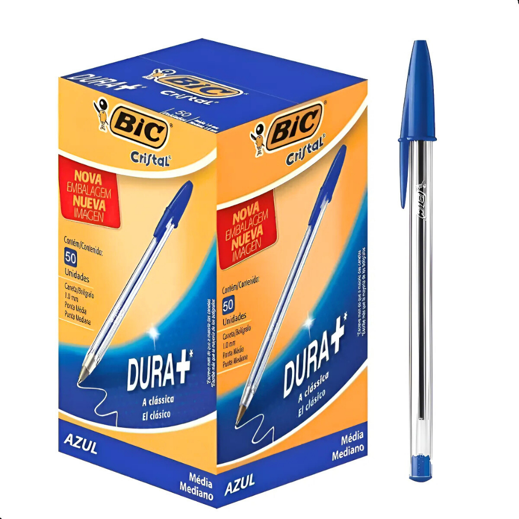 Caixa Caneta Bic Azul Tradicional Esferográfica Cristal Ponta Média 1.0mm - Caixa C/ 50 Unidades