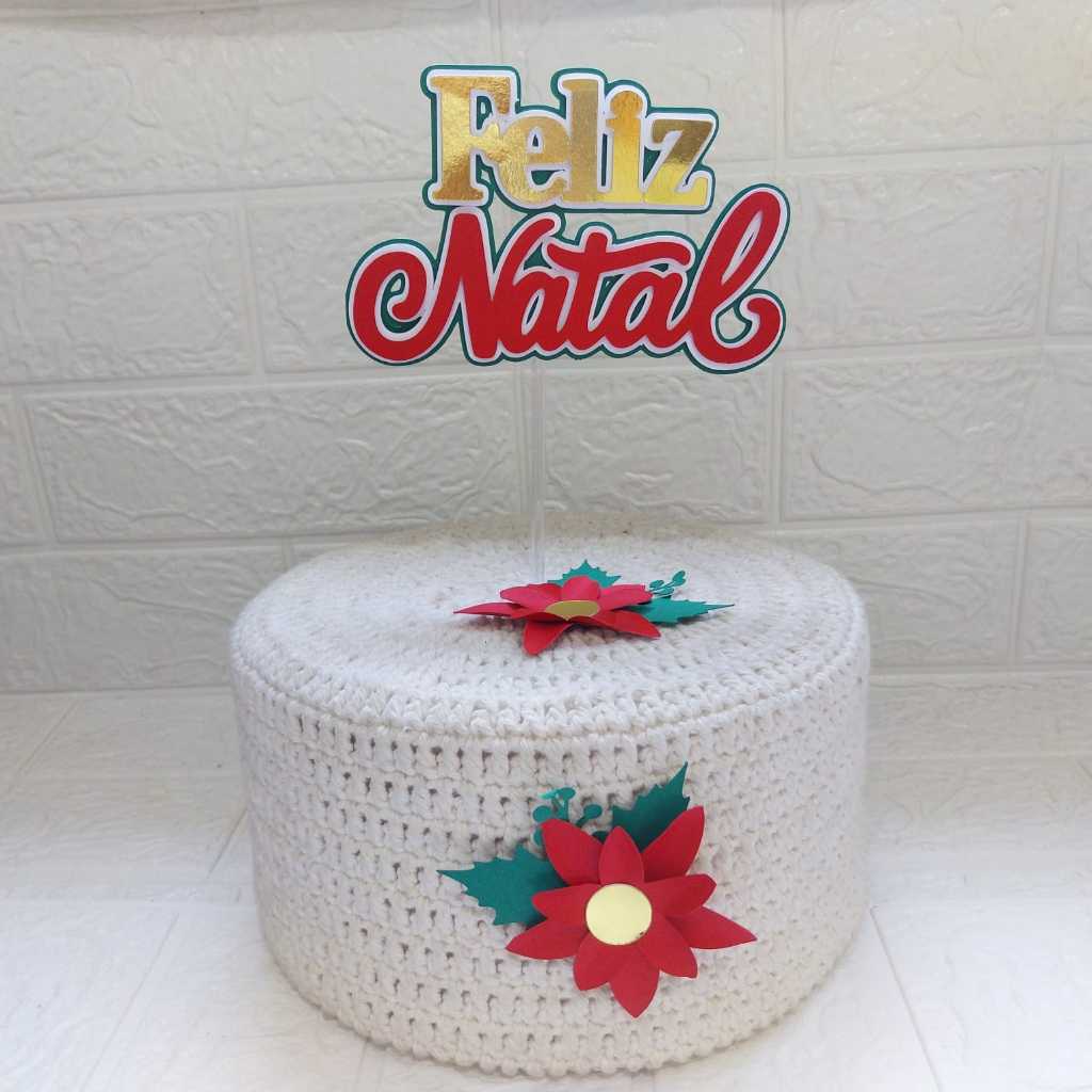 ENVIO RÁPIDO - Topo de Bolo Feliz Natal – Enfeite Natalino 3D com Flores – Decoração para Bolos Temáticos