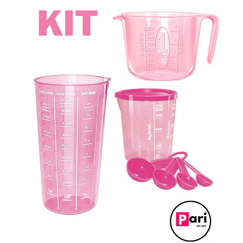 Conjunto Medida Certa Copos Medidores e Colheres 4 Peças Para Cozinha Confeitaria Rosa
