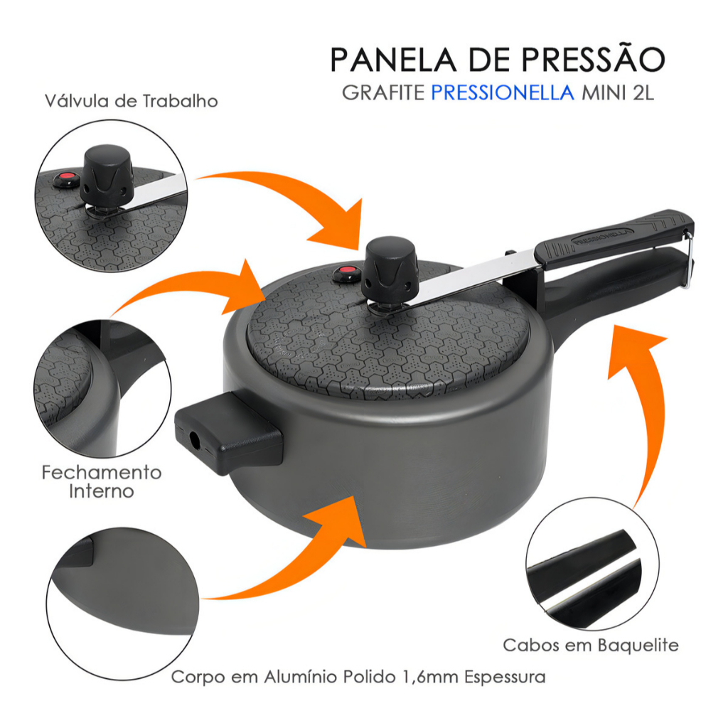 Panela De Pressão 2 Litros Teflon Antiaderente Fechamento Interno Inmetro Alumínio Resistente Ramos