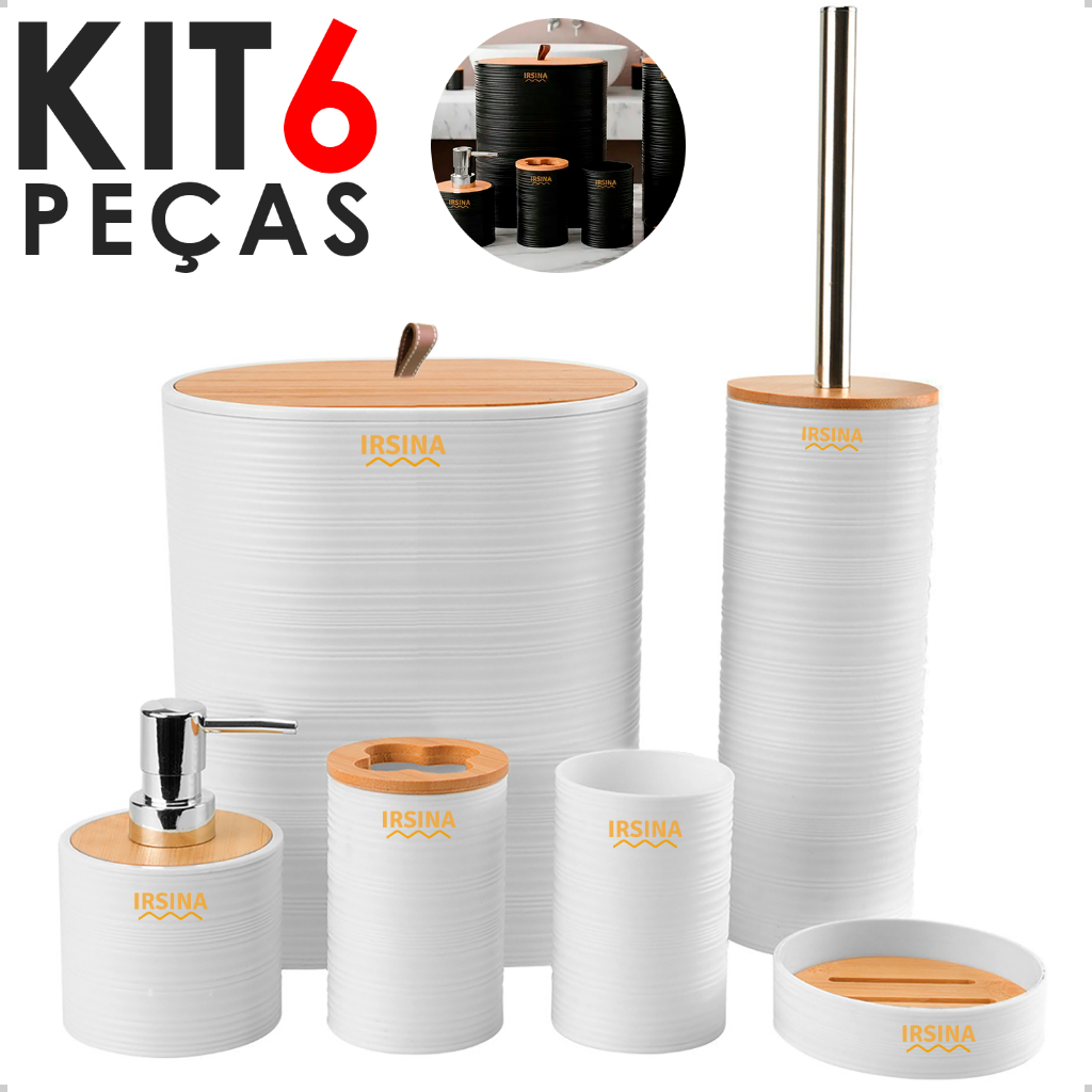 KIT Acessórios de Banheiro Lavabo de Bambu Conjunto Completo Lixeira Saboneteira Escova