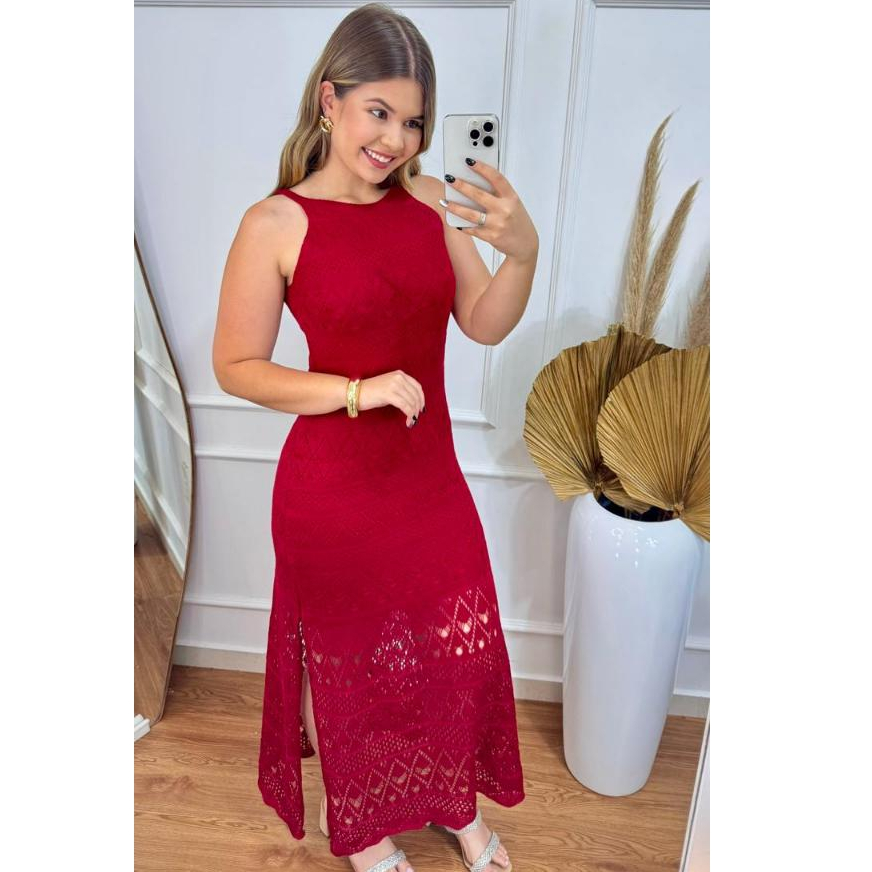 Vestido Tricot Longo Raabe Forrado Com Fenda Moda Feminina Elegante Luxo Festa Natal Réveillon