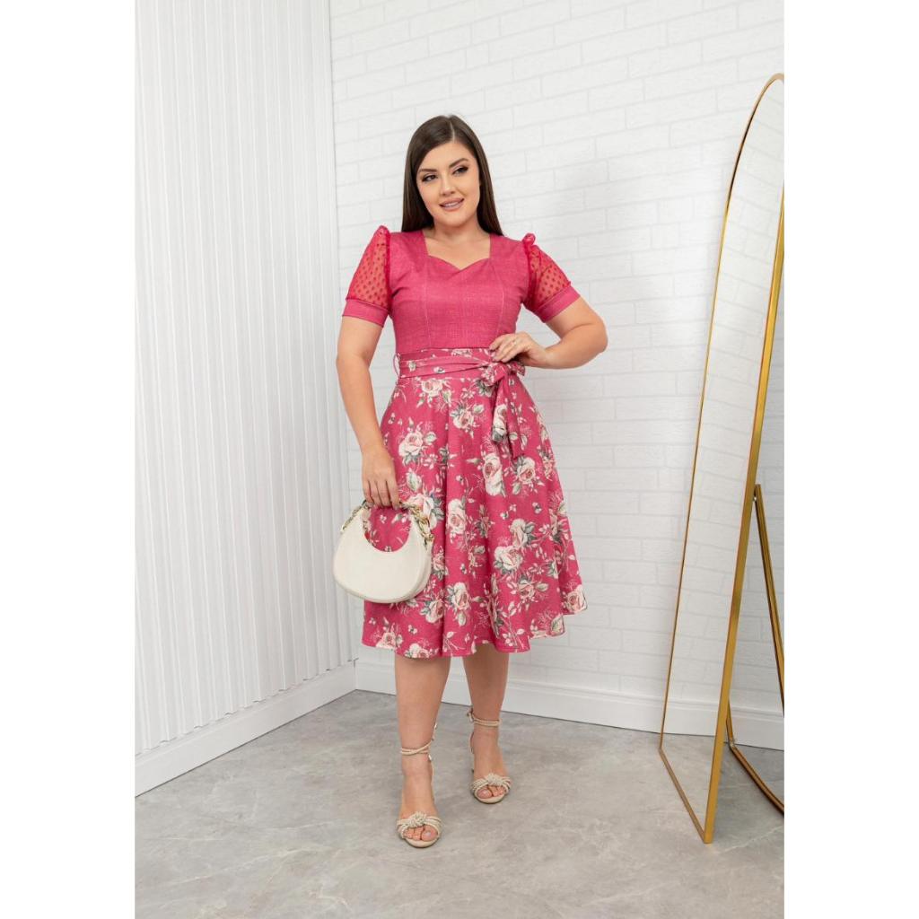 Vestido Godê Feminino Saia Florida Elegante Midi Moda Evangélica Casual Social Estampado Promoção
