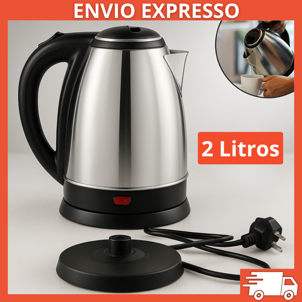 Chaleira Elétrica Aço Inox 1.8L 110V/220V Luz Indicadora Ferve Rápido Água Tampa Desliga Automático
