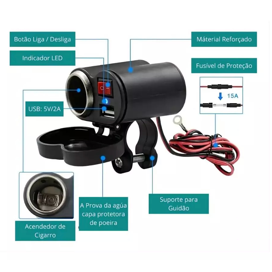 Carregador De Celular 12 V Usb Turbo Para Motos + acendedor