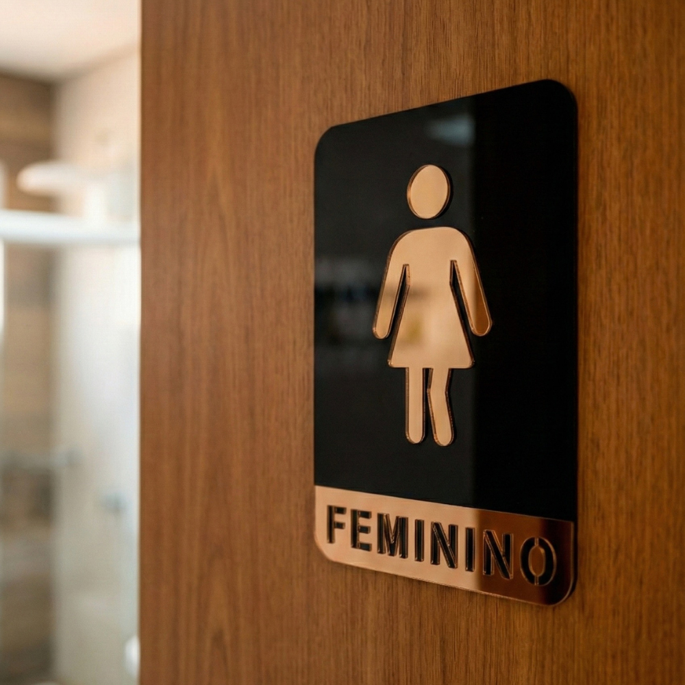 Kit Placa Sinalização Banheiro Masculino Feminino Acrílico Espelhado para Porta