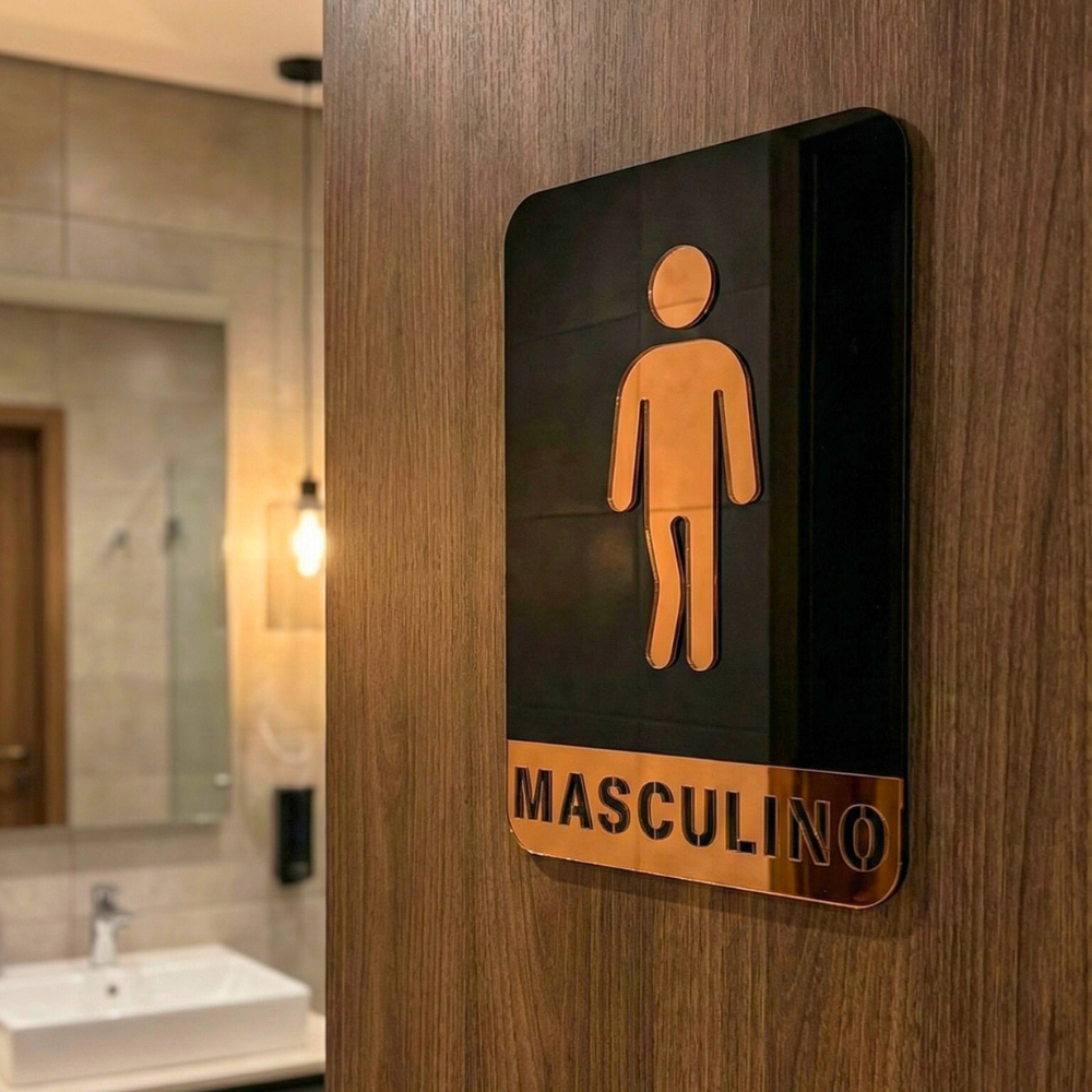 Kit de Placas Sinalização Banheiro Acrílico Espelhado Masculino Feminino Porta